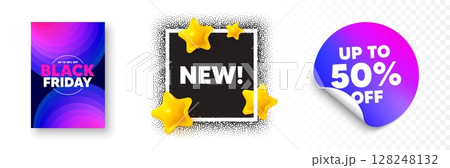 Arrivals photo frame 3d stars. Discount sticker banner. New tag. Special offer sign. New arrival symbol. Black friday poster. Promo background. Vector 128248132