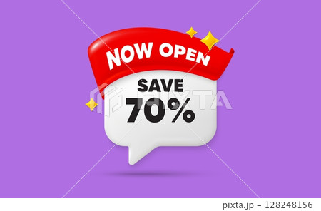 Discount chat speech bubble. Now open flag ribbon. Save 70 percent off tag. Sale Discount offer price sign. Special offer symbol. 3d sparkle stars speech bubble. Vector Discount chat speech bubble. Now open flag ribbon. Save 70 percent off tag. Sale Discount offer price sign. Special offer symbol. 3d sparkle stars speech bubble. Vector 128248156