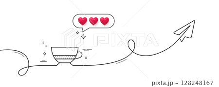 Bombon coffee icon. Continuous line with share plane. Hot drink sign. Beverage symbol. Hearts rate review in speech bubble. Bombon coffee single line ribbon. Loop curve pattern. Vector Bombon coffee icon. Continuous line with share plane. Hot drink sign. Beverage symbol. Hearts rate review in speech bubble. Bombon coffee single line ribbon. Loop curve pattern. Vector 128248167