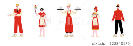 Hotel Staff Man and Woman Character in Red Uniform Vector Set 128248179