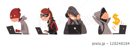 Man Hacker Character Stealing Money Online Vector Set 128248184