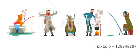 Happy Fisherman Character Catching and Angling in Pond or River Vector Set Happy Fisherman Character Catching and Angling in Pond or River Vector Set 128248187