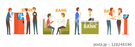 Bank with People Character Customer Need Consultation Vector Set 128248190