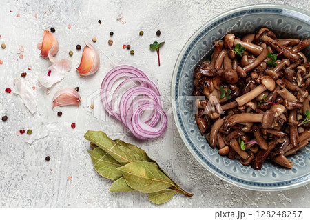 pickled honey mushrooms, in a bowl, homemade, top view, no people, 128248257