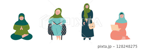 Arabic Muslim Woman Character in Hijab Engaged in Different Activities Vector Set 128248275