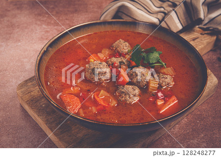 Romanian soup with meatballs, vegetable soup with meatballs, homemade, no people, 128248277