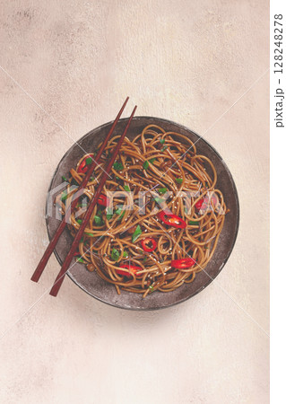 udon noodles, with shimeji mushrooms, vegetables, in sauce, with sesame seeds, green onions, Asian vegetarian food, horizontal, without people, udon noodles, with shimeji mushrooms, vegetables, in sauce, with sesame seeds, green onions, Asian vegetarian food, horizontal, without people, 128248278