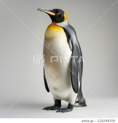 A playful penguin waddles adorably, its fluffy feathers contrasting beautifully with the gentle light backdrop behind it. 128248359