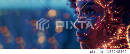 Mobile technology , abstract background technology. female profile view. digital infographic 128248363