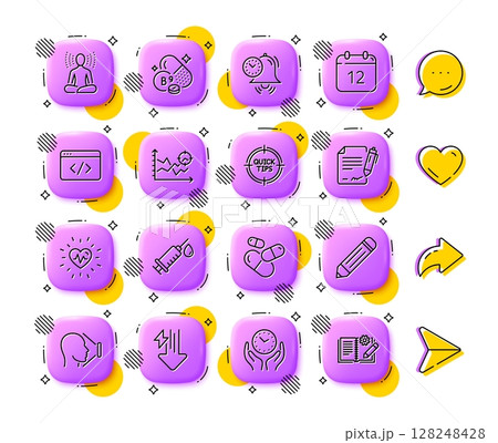 Energy drops, Heartbeat and Tips line icons. App 3d buttons. Social media comment, share, like icons. Pack of Seo script, Capsule pill, Folate vitamin icon. Vector Energy drops, Heartbeat and Tips line icons. App 3d buttons. Social media comment, share, like icons. Pack of Seo script, Capsule pill, Folate vitamin icon. Vector 128248428