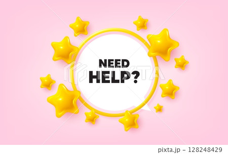 Need help frame banner. Speech bubble offer. Need help tag. Support service sign. Faq information symbol. 3d stars glitter tag. Golden frame banner. Vector 128248429