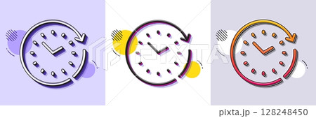 Time change line icon. Halftone dotted pattern. Gradient icon with grain shadow. Clock sign. Watch symbol. Line time change icon. Various designs. Vector 128248450