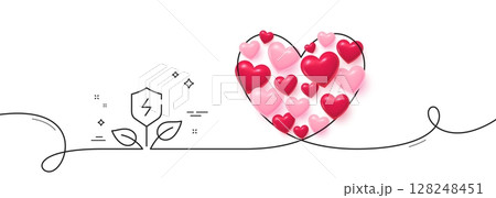 Eco power line icon. Continuous line big heart. Electric energy sign. Charging shield symbol. 3d hearts in heart shaped loop. Eco power single line ribbon. Loop curve pattern. Vector 128248451