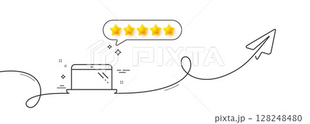 Laptop line icon. Continuous line with share plane. Mobile computer device sign. Five star rate review in speech bubble. Laptop single line ribbon. Loop curve pattern. Vector Laptop line icon. Continuous line with share plane. Mobile computer device sign. Five star rate review in speech bubble. Laptop single line ribbon. Loop curve pattern. Vector 128248480
