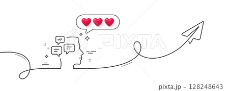 Chat Messages line icon. Continuous line with share plane. Conversation sign. Communication speech bubbles symbol. Hearts rate review in speech bubble. Messages single line ribbon. Vector 128248643