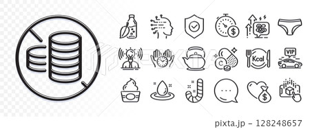 Water bottle, Fuel energy and Safe time line icons for web app. Glare of light effect. Message icon. Pack of Calories, Vitamin c, Ice cream pictogram icons. Panties, Donation, Brand signs. Vector 128248657