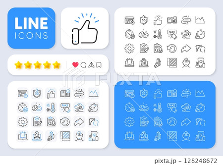 Sunscreen, Ph neutral and Fake information line icons for web app. Message, Share, Like social media icons. Pack of Instruction info, Timer, Medical tablet pictogram icons. Vector 128248672