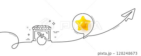 Market with apple line icon. Continuous line with share plane. Wholesale store sign. Retail marketplace symbol. 3d star in speech bubble. Market single line ribbon. Loop curve pattern. Vector 128248673