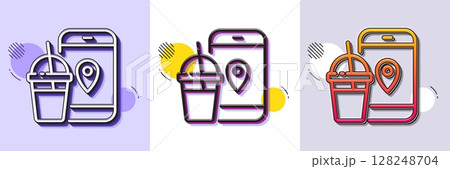 Food delivery app line icon. Halftone dotted pattern. Gradient icon with grain shadow. Contactless meal order sign. Grocery phone application symbol. Line food app icon. Various designs. Vector 128248704