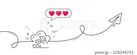 Co2 gas line icon. Continuous line with share plane. Carbon dioxide emissions sign. Exhaust reduction symbol. Hearts rate review in speech bubble. Co2 gas single line ribbon. Vector 128248725
