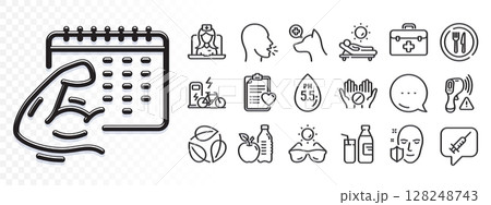 Food, Lounger and Face protection line icons for web app. Glare of light effect. Message icon. Pack of Milk, Fitness calendar, First aid pictogram icons. Vector Food, Lounger and Face protection line icons for web app. Glare of light effect. Message icon. Pack of Milk, Fitness calendar, First aid pictogram icons. Vector 128248743