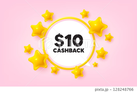 Cashback frame banner. Speech bubble offer. 10 Usd cashback. Money back offer sign. Cash back promo symbol. 3d stars glitter tag. Golden frame banner. Vector Cashback frame banner. Speech bubble offer. 10 Usd cashback. Money back offer sign. Cash back promo symbol. 3d stars glitter tag. Golden frame banner. Vector 128248766