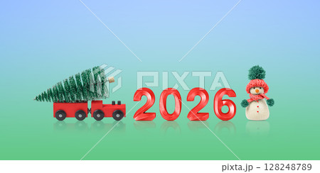 New Year 2026. Christmas card with a red train with a Christmas tree, a snowman, and the number 2026 on a blue and green background. Concept of a happy holiday. A fabulous postcard 128248789