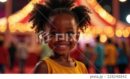 African American little girl full of joy at circus performance with iconic big top in background for World Circus Day. Magical entertainment setting 128248842