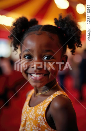 African American child's wonder and happiness at circus show with colorful dome tent background marking World Circus Day. Inclusive entertainment concept 128248843