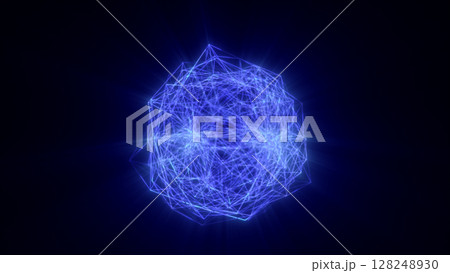 Glowing blue digital energy sphere with interconnected lines and a dynamic network structure on a dark background 128248930