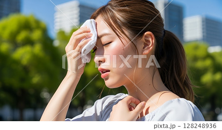 暑そうな表情で汗を拭く女性 暑そうな表情で汗を拭く女性 128248936