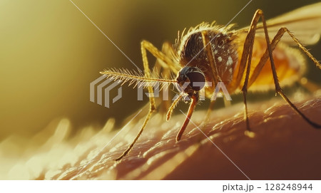 Close-up view of a mosquito feeding on skin 128248944