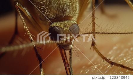 Close-up view of a mosquito feeding on skin 128248945