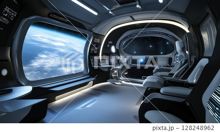 Futuristic space habitat with a stunning view of Earth during sunset from a sleek interior 128248962
