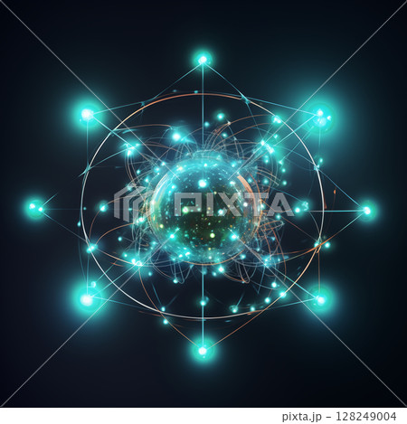 Atom with rotating electrons, energy and matter concept background 128249004