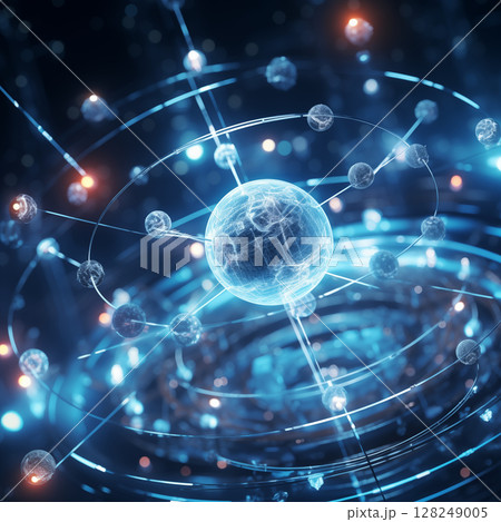 Atom with rotating electrons, energy and matter concept background 128249005