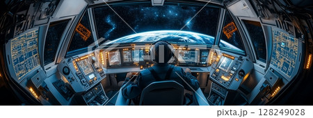 Pilot in spaceship control room 128249028