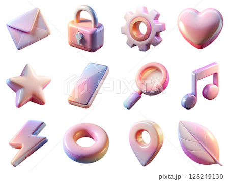 3d icon set with glossy gradient finish, modern ui elements, shiny design, minimalist aesthetic, app interface icons, digital assets for web and mobile 128249130