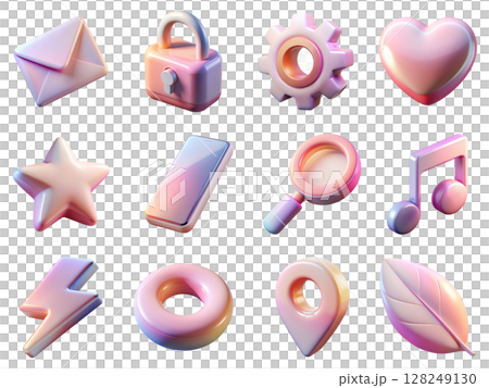 3d icon set with glossy gradient finish, modern ui elements, shiny design, minimalist aesthetic, app interface icons, digital assets for web and mobile 128249130