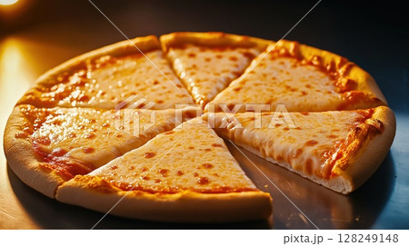 Slices of fresh mouthwatering cheese pizza beautifully arranged on dark kitchen surface 128249148
