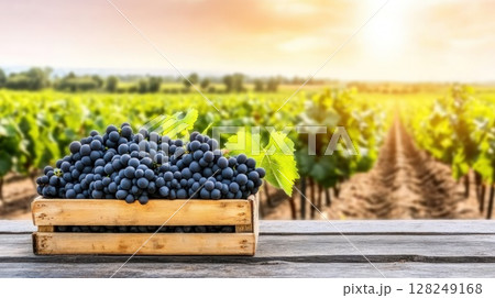 Black grapes cascading from wood crate with lush vineyard rows bathed in sunset glow 128249168
