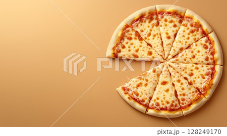 Sliced tasty pizza with melted cheese on orange background, copy space 128249170