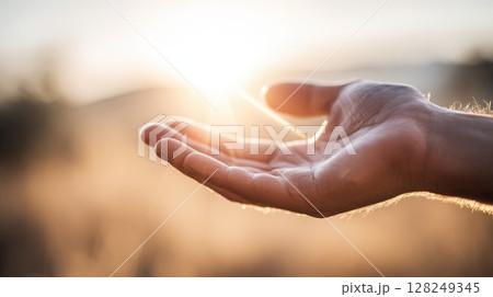 Open Hand Reaching Towards Bright Sunlight With Warm Defocused Background 128249345