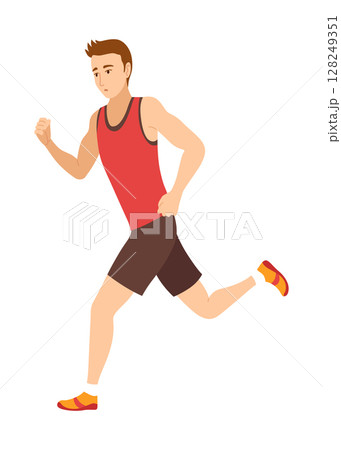 Marathon race. Man running to finish line. Active lifestyle and sports. Athlete in tournament or championship. Running competitions concept Marathon race. Man running to finish line. Active lifestyle and sports. Athlete in tournament or championship. Running competitions concept 128249351