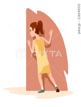 Kid playing hide and seek. Playing game outdoor in summer vacations. Girl having fun outdoors, summer playtime. Vector cartoon illustration Kid playing hide and seek. Playing game outdoor in summer vacations. Girl having fun outdoors, summer playtime. Vector cartoon illustration 128249352