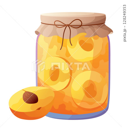 Jam jar with slice of apricot. Homemade berries and fruit jam, natural organic product. Breakfast food, sweet fruit dessert vector illustration. Winter pot on white background Jam jar with slice of apricot. Homemade berries and fruit jam, natural organic product. Breakfast food, sweet fruit dessert vector illustration. Winter pot on white background 128249353