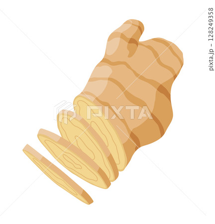 Ginger root. Aromatic herbal spice. Food ingredient, natural herb plant, sliced. Fresh and raw vegetable in cartoon flat style. Vector illustration isolated on white background Ginger root. Aromatic herbal spice. Food ingredient, natural herb plant, sliced. Fresh and raw vegetable in cartoon flat style. Vector illustration isolated on white background 128249358