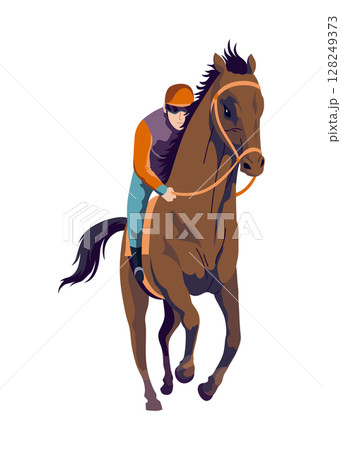 Jockey riding racehorse on a fast speed, flat style vector illustration. Horse racing tournament 128249373