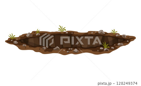 Hole ground. Works digging of sand coal waste rock or gravel. Brown, dry mine element of landscape. Cartoon illustration 128249374