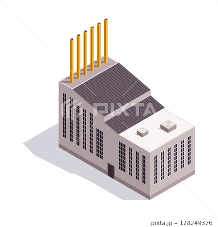 Isometric factory. Concept of industrial plant with chimney tower or pipes. Industrial bulding. 3d isolated icon. Architecture of manufacture house 128249376